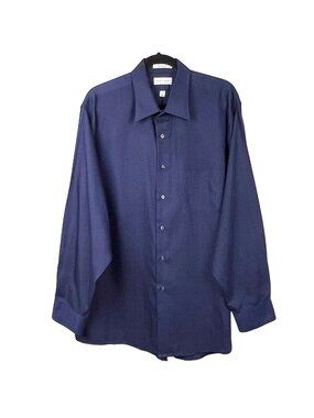 Van Heusen XL 17 34/35 Blue Button-Up Dress Shirt Jacquard Checkered Pattern EUC